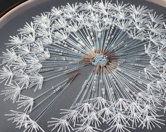Hand Embroidered Dandelion In A Dew Wall Decor: Beaded Tulle, 10-inch Hoop, Romantic Wedding Gift
