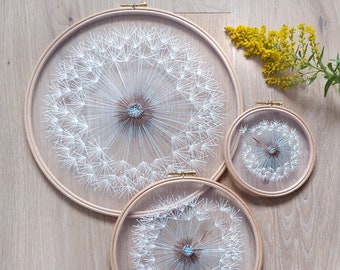 Large "Make a Wish" Dandelion Tulle Embroidery Hoop Art - Hand Embroidery by Velvet Meadow - Contemporary artwork wall decor Hoop Size 10"