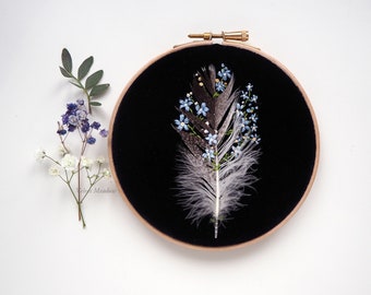 Feather Botanical Hand Embroidery. Feather Wall Art. Original Needlework Hoop Art. Song of a Bird. Forget-me-knot embroidery. Gift for Mom.