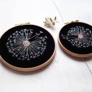 Dandelion Embroidery on Velvet - Hand Embroidery Hoop Art - Luxurious Bridesmaid, Housewarming Gift - Botanical Home Wall Art Decor
