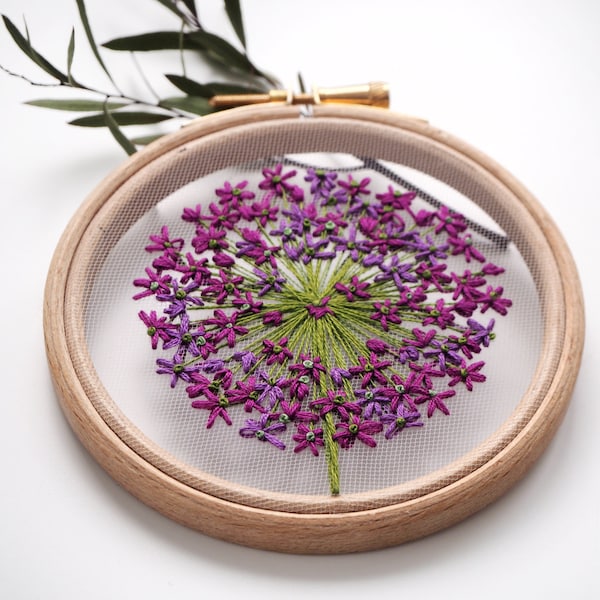 Allium Tulle Embroidery Hoop Art - Botanical Wall Decor - Gift for Her - Bridesmaid, Housewarming Gift - Hand Embroidery by Velvet Meadow