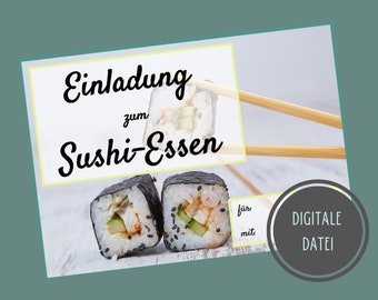 digitale Einladung zum Sushi-Essen- Vorlage zum Ausdrucken. Download. Einladung. Postkarte. Coupon