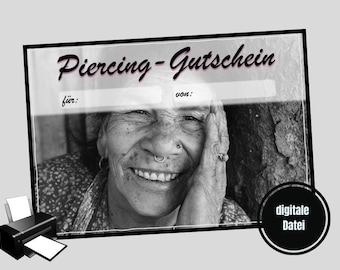 digitaler Piercing Gutschein - Vorlage zum Ausdrucken. Download. Einladung. Postkarte. Coupon