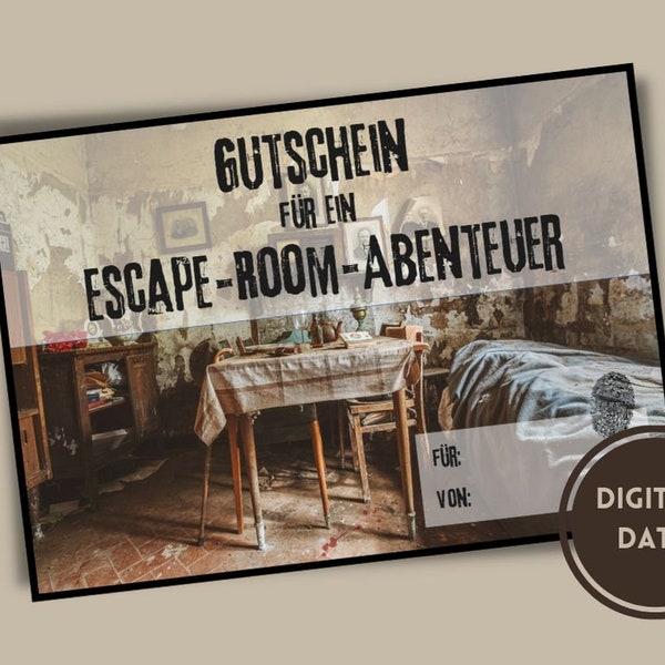 digitaler Escape-Room Gutschein - Vorlage zum Ausdrucken. Download. Einladung. Postkarte. Coupon