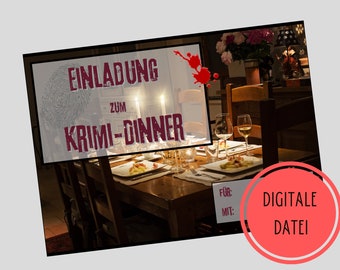 digitale Einladung Krimi-Dinner - Vorlage zum Ausdrucken. Download. Gutschein. Postkarte. Coupon