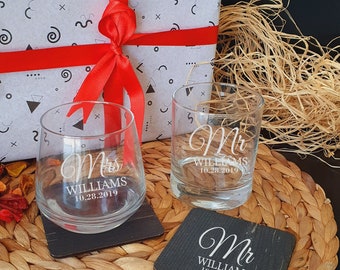 Mr and Mrs Wedding Gift For Couples , Personalized Whiskey Glass , Wine Glass and  Wooden Coasters Gift Set