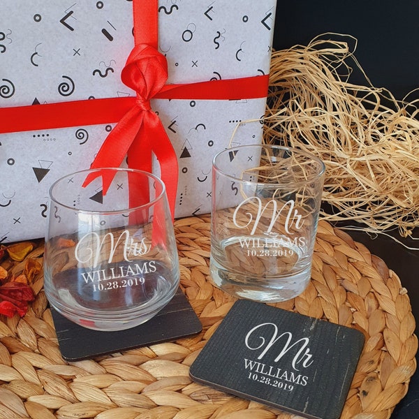 Mr and Mrs Wedding Gift For Couples , Personalized Whiskey Glass , Wine Glass and  Wooden Coasters Gift Set