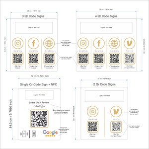 May include: White rectangular signs with QR codes and social media icons. The signs include Instagram, Facebook, and website logos, with space for a logo or text. Measurements are in inches.