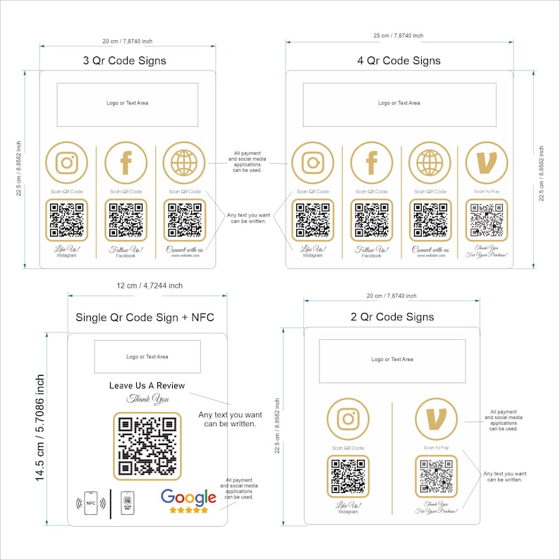 May include: White rectangular signs with QR codes and social media icons. The signs include Instagram, Facebook, and website logos, with space for a logo or text. Measurements are in inches.