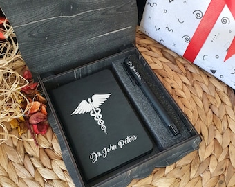 Personalized Doctor Gift Set: Faux Leather Notebook & Pen in Wooden Box