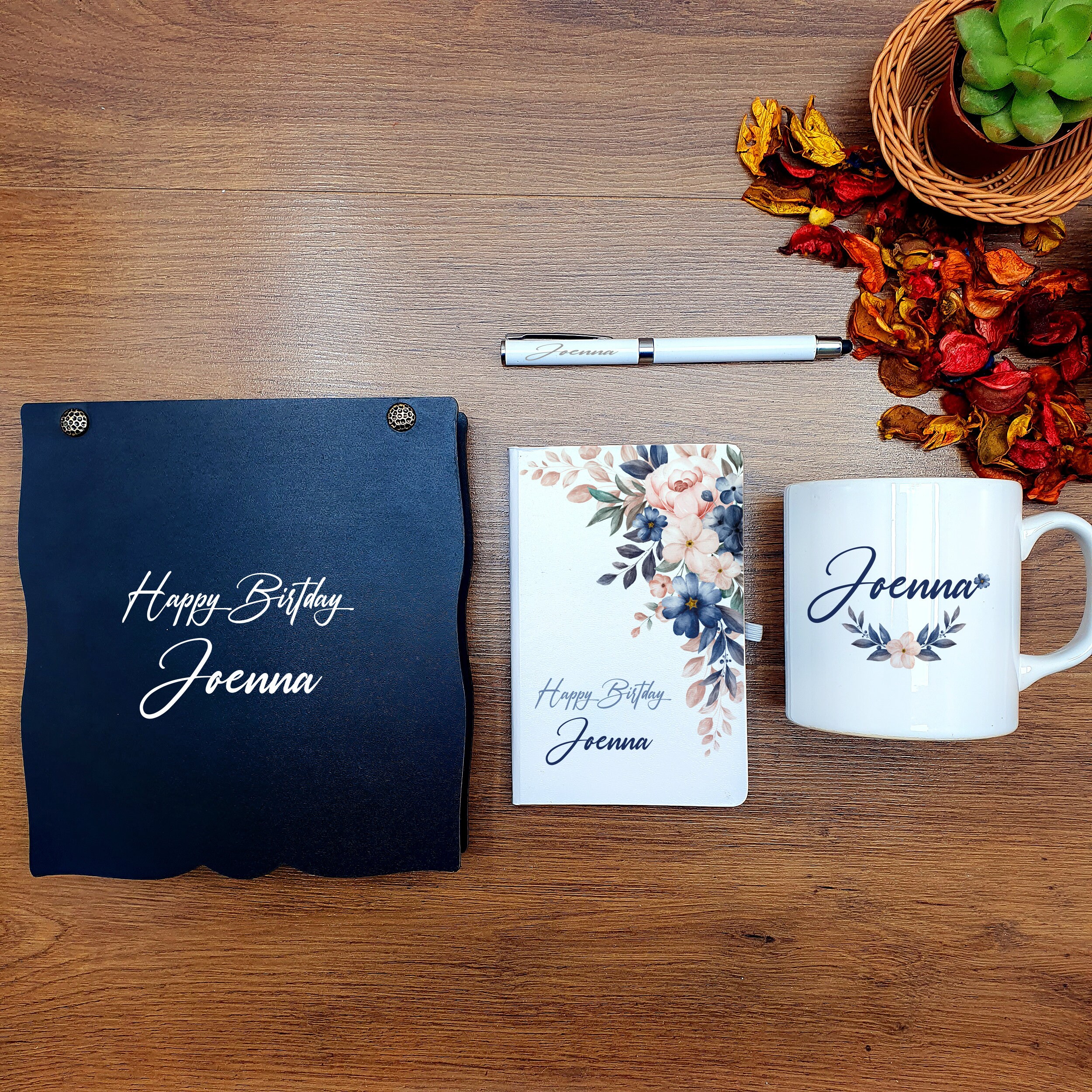 Personalized Floral Gift Set: Notebook, Pen & Mug in Wooden Box - Etsy
