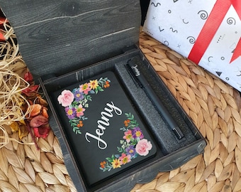 Personalized Journal & Pen Gift Set: Floral Notebook in Wooden Box