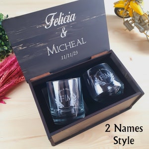 Custom Wine and Whiskey Glass Gift Set – Engraved Wood Box for Couple – Bride and Groom Wedding or Anniversary Gift