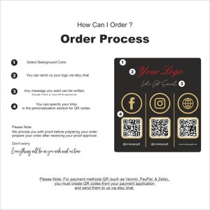 May include: An order process graphic with the title "How Can I Order?" and "Order Process". The graphic includes steps for ordering, a section for a logo, social media icons, and QR codes for social media and contact information.