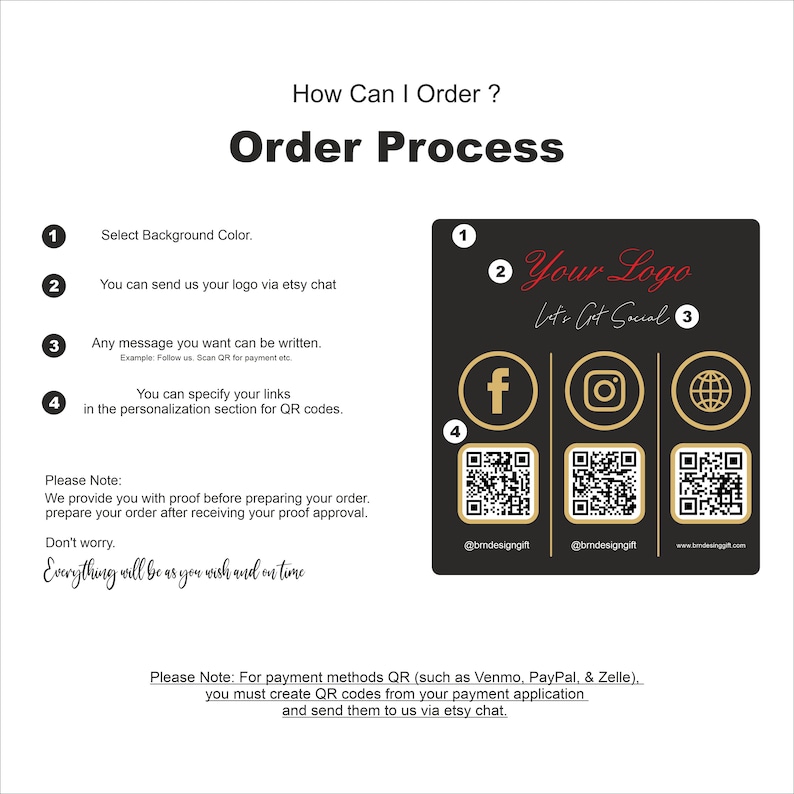 May include: An order process graphic with the title "How Can I Order?" and "Order Process". The graphic includes steps for ordering, a section for a logo, social media icons, and QR codes for social media and contact information.