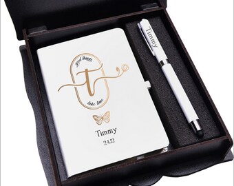 Personalisierter weißer Notizblock im A6-Format und weißer Metallbox-Stift, Geschenkset mit Holzbox