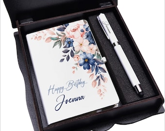 Personalized Floral Notepad & Pen Gift Set - Wooden Box