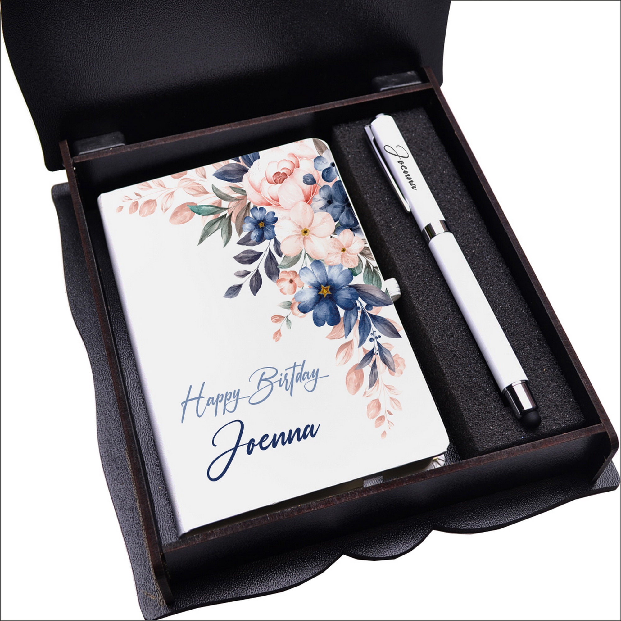 Personalized Floral Notepad & Pen Gift Set - Wooden Box