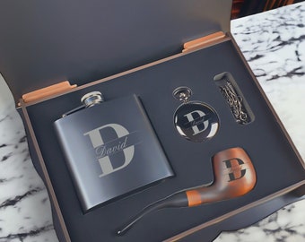 Personalized Men's Gift Set-Custom Pipe, Stainless Steel Flask,and Pocket Watch | Gift for Men's Birthday, 20th Anniversary, and Best Man!