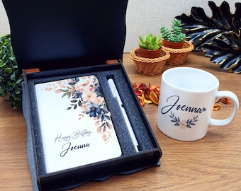 Personalisiertes Notizbuch, Stift und Porzellanbecher Geschenkset. Geschenkbox für Frauen, Geburtstagsgeschenk, New Business Geschenk, Weihnachtsgeschenk