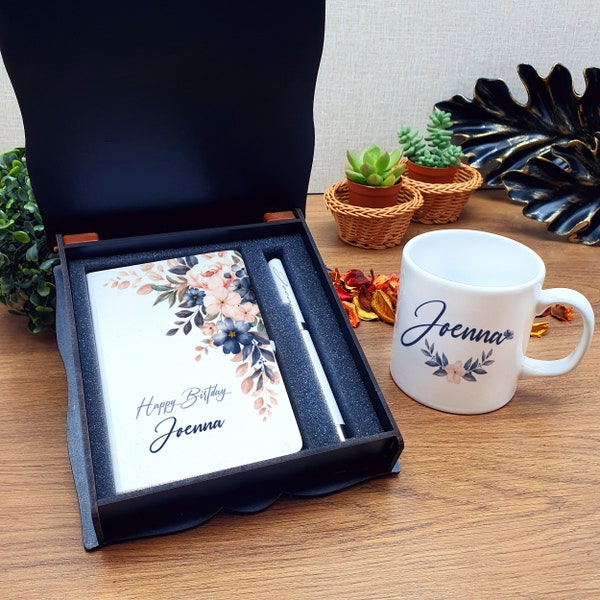 Personalisiertes Notizbuch, Stift und Porzellanbecher Geschenkset. Geschenkbox für Frauen, Geburtstagsgeschenk, New Business Geschenk, Weihnachtsgeschenk