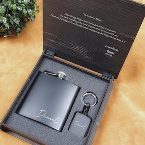 Personalised Black  Hip Flask 6oz and Metal Keychain+Wooden Gift Box , Groomsman Flask