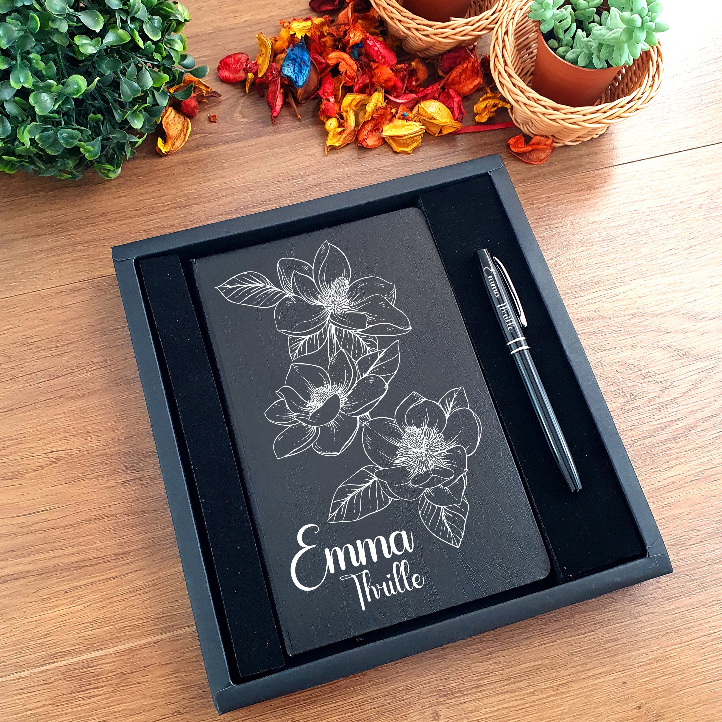 Personalized Flower Pattern Printed Notebook and Pen Gift Set in Special Gift Box