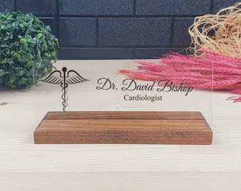 Personalized Gift for Doctors | Acrylic Desk Name Plate with Medical Logo - Custom Name Sign - Professional Gift for Graduation,