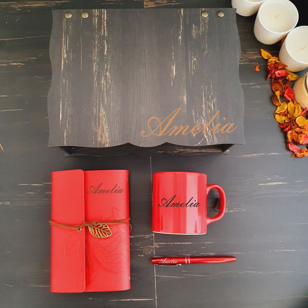 Personalized Notebook , Pen and Mug Gift Set.in Special Wooden Gift Box Etsy