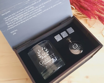 Juego de reloj de bolsillo y vaso de whisky premium grabado, regalo personalizado para padrino de boda en caja de madera