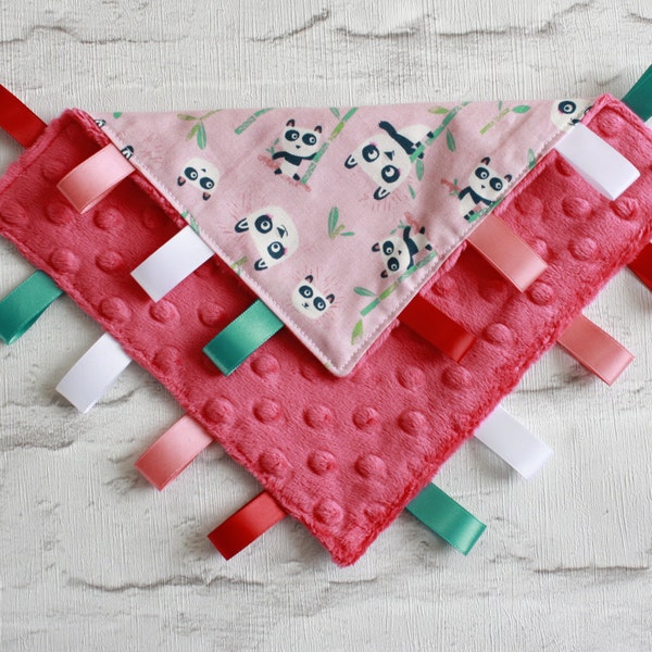BABY TAGGY blanket. Baby Comforter. 100% cotton and minky. Baby sensory toy. Pink Pandas security blanket.