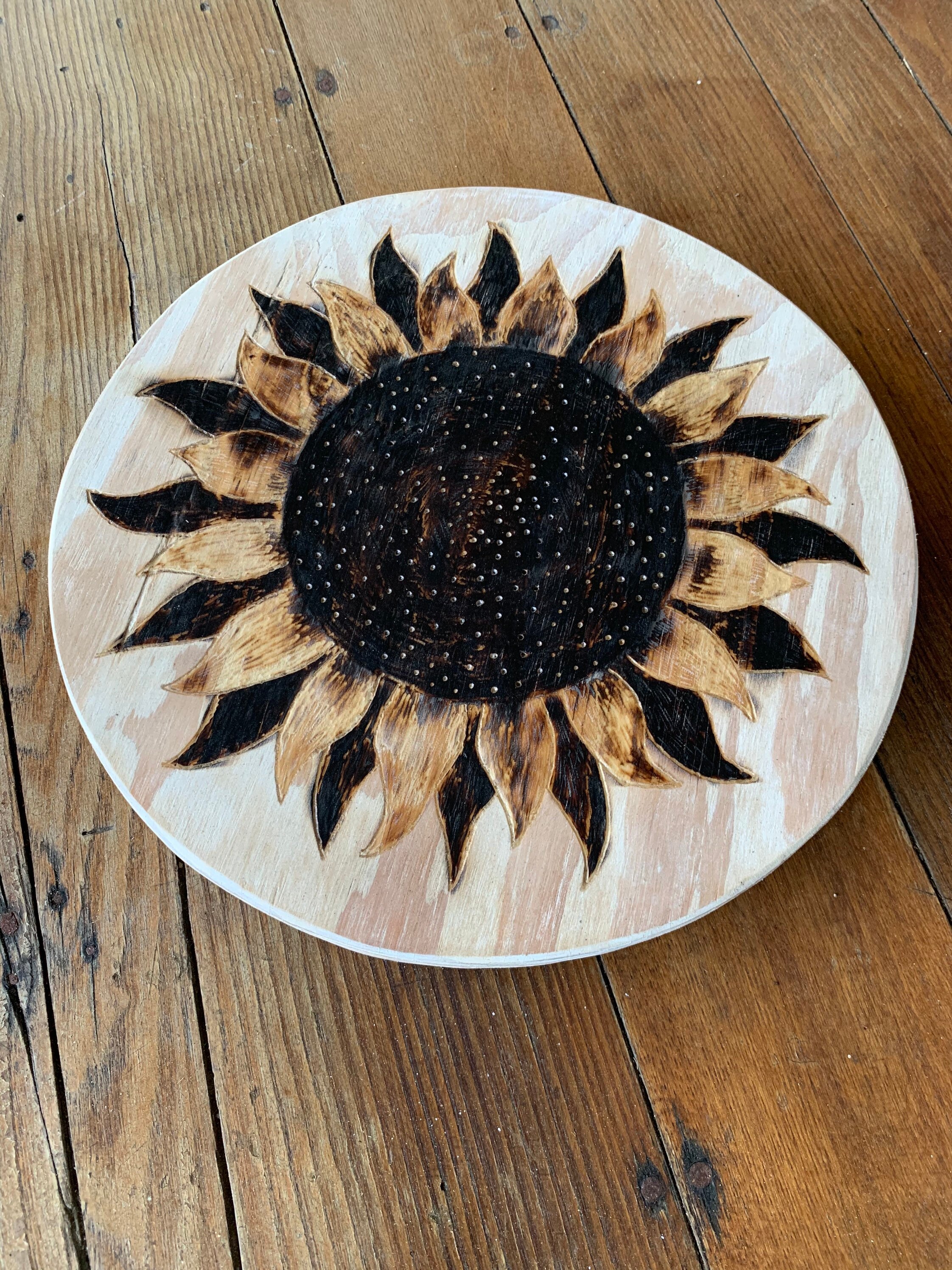 Whitewash wood burned sunflower Lazy Susan Etsy