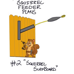 May include: Illustration of a cartoon squirrel holding a drill, standing next to a wooden fence. The image includes text that reads "NewTypatootys Squirrel Feeder Plans" and "#2 Squirrel Surfboard". The squirrel is wearing a tool belt.