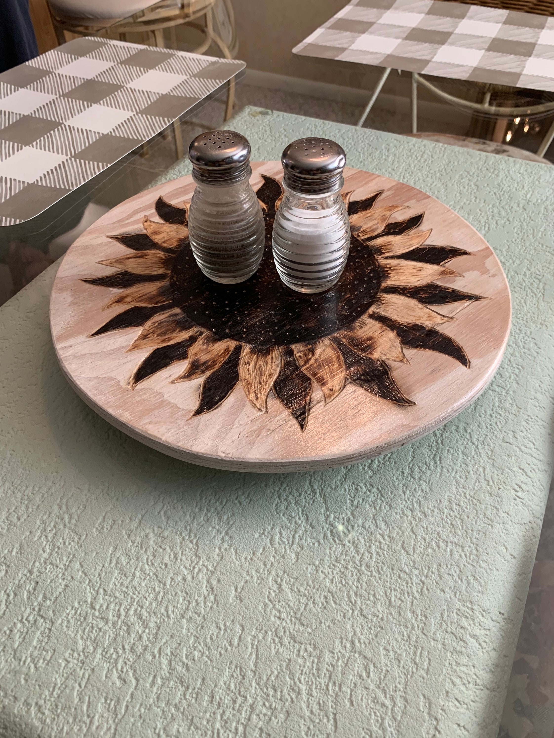 Whitewash wood burned sunflower Lazy Susan Etsy