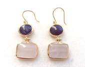 Gold plated dangle earrings with pink quartz and purple amethyst gem stones