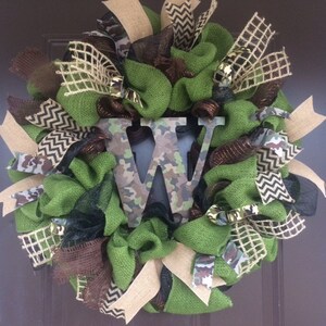 Camouflage Initial Wreath with green burlap