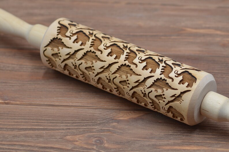 Jurassic Park Dinosaur Embossed Rolling Pin gift for Him Her for Kids Baking Kitchen idea Custom Dino pattern Engraved cookie Baker gift