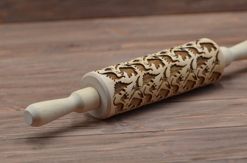 Jurassic Park Dinosaur Embossed Rolling Pin gift for Him Her for Kids Baking Kitchen idea Custom Dino pattern Engraved cookie Baker gift