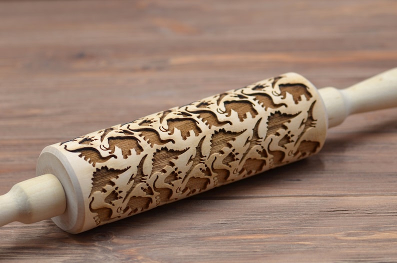 Jurassic Park Dinosaur Embossed Rolling Pin gift for Him Her for Kids Baking Kitchen idea Custom Dino pattern Engraved cookie Baker gift