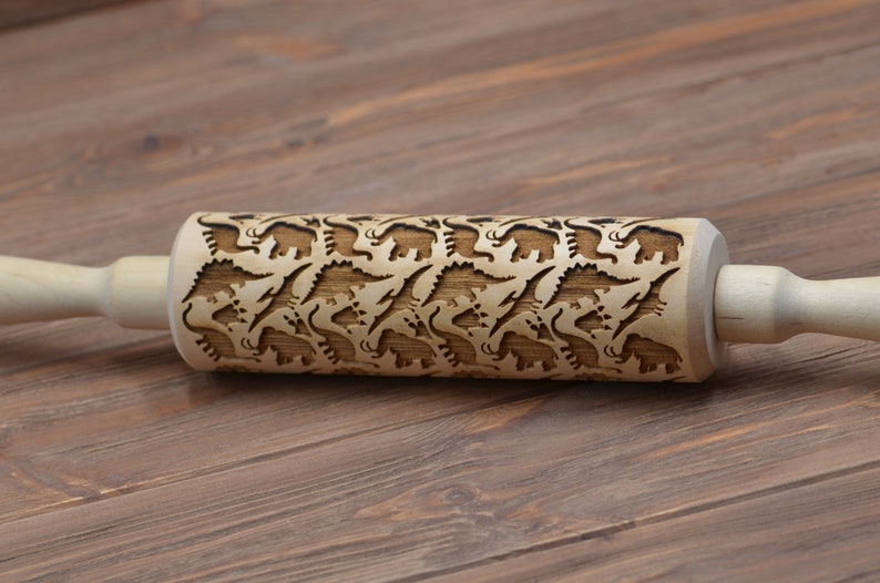 Jurassic Park Dinosaur Embossed Rolling Pin gift for Him Her for Kids Baking Kitchen idea Custom Dino pattern Engraved cookie Baker gift