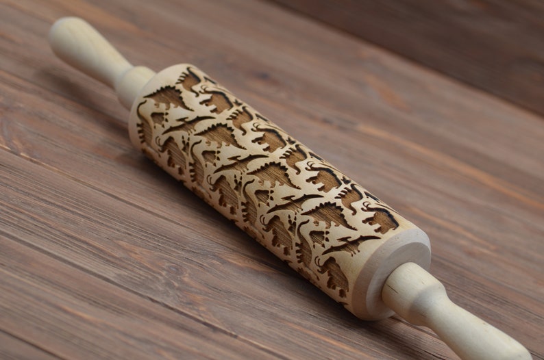 Jurassic Park Dinosaur Embossed Rolling Pin gift for Him Her for Kids Baking Kitchen idea Custom Dino pattern Engraved cookie Baker gift