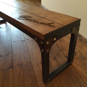 Industrial Style BENCH. Bench with Metal legs and engraved wood. Oil based finish. Bench with initials, logo or name! Customized furniture