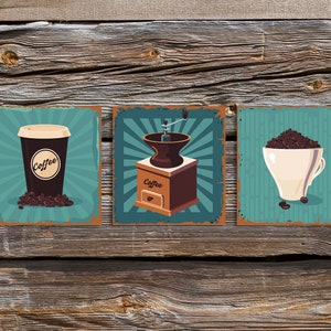 Retro Coffee Signs Set of 3 Vintage Signs for Wall decor, Rusted  tin thin metal sign, coffee shop wall decor, coffee lover gift, cafe sign