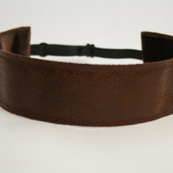 Brown Distressed Faux Leather Wide Non-Slip Adjustable Headband