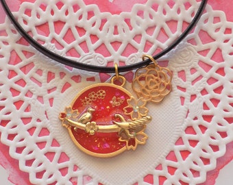 Red Cherry Blossom Bird Scene Choker Necklace
