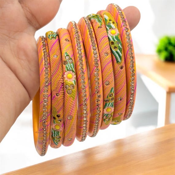 Indian Lac Bangles Set, Meenakari Floral Bangle, Rajasthan Jewelry