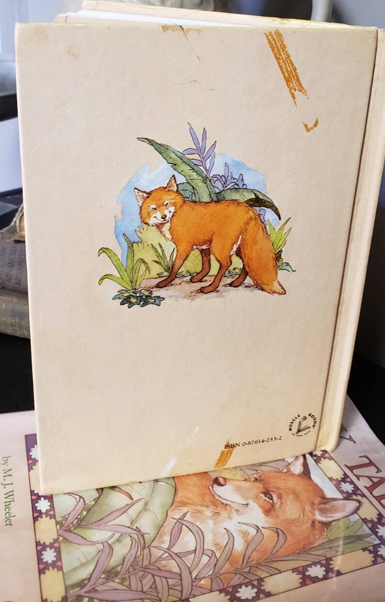 May include: The back cover of a children's book featuring a cartoon fox with orange fur standing in a green forest. The book title is "The Fox and the Tale".
