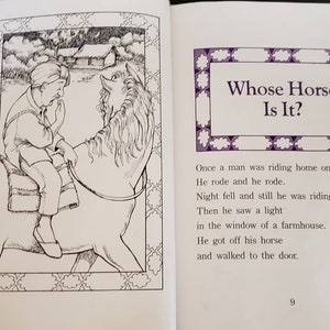 May include: A black and white illustration of a man riding a horse. The man is wearing a long-sleeved shirt and pants. The horse has a long mane and tail. The text "Whose Horse Is It?" is written in a purple frame.