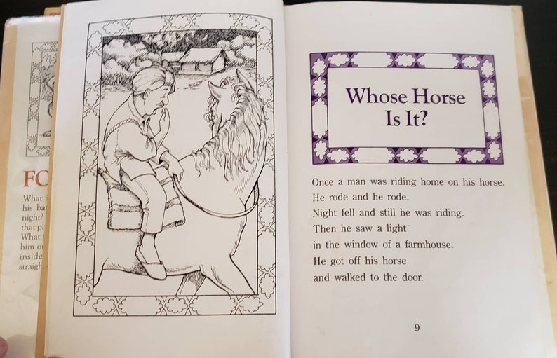 May include: A black and white illustration of a man riding a horse. The man is wearing a long-sleeved shirt and pants. The horse has a long mane and tail. The text "Whose Horse Is It?" is written in a purple frame.