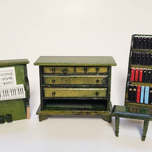 Wooden Dollhouse Furniture/Vintage 1990s Dollhouse Furniture/Bookcase/Player Piano/Dresser/Diorama Miniature Furniture